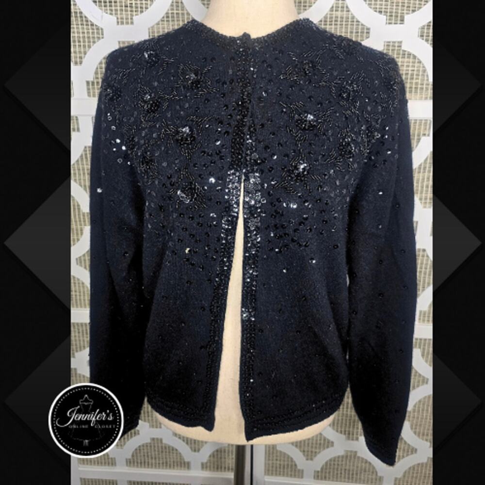 Cécile Bermuda Vintage Black Lambswool Angora Sequin Beaded Cardigan Size 12